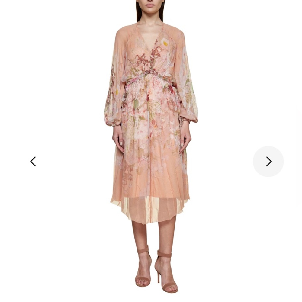Zimmermann Dancer Drawn Floral Print Long Sleeve V Neck Midi Dress